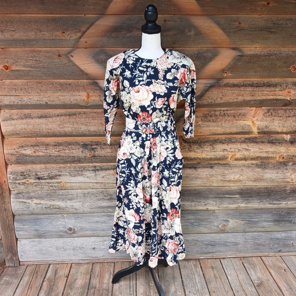 Paquette Dresses & Skirts - Vintage 80s Paquette Floral Puff Sleeve‎ Dress Size 8 Belted Midi Cottagecore